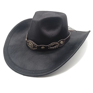 Close-up of brown leather band with bull emblem and rivets on a black western cowboy hat