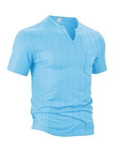 Close-up of sky blue polyester V-neck t-shirt with single pocket and fabric texture