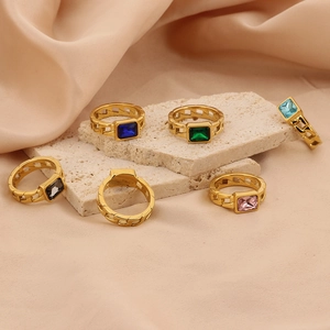 Retro 18K gold plated stainless steel rings with colorful square zircon chain designs