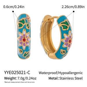 Detailed view of floral enamel stainless steel hoop earrings with size measurements