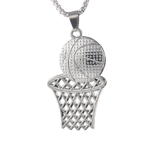 Hip hop basketball hoop pendant necklace in polished silver stainless steel for men and women