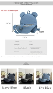 Detailed size chart for canvas bear-ear backpacks showing dimensions and multiple carry ways