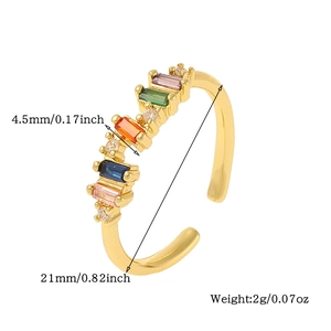 Detailed size and weight specs for the gold open ring with colorful gemstones