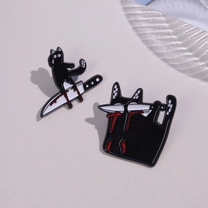 Punk style black cat skeleton enamel pins with red knife detail in zinc alloy
