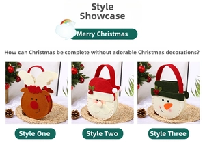 Three festive felt Christmas gift bags featuring reindeer, Santa, and snowman designs