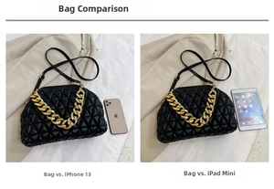 Quilted diamond chain bag size comparison with iPhone 13 and iPad mini devices