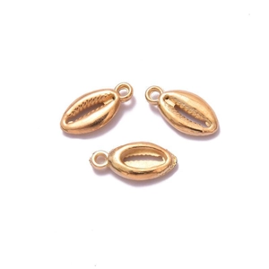 Three golden shell-shaped CCB plastic pendants with top rings for jewelry making