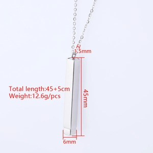 Polished silver titanium steel rectangle pendant necklace with 45cm chain and dimensions