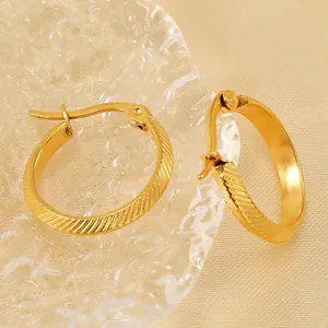 Minimalist Hoop Earrings For Women 18K Gold Plated Stainless Steel Striped Texture Geometric Fashion Jewelry Accessory