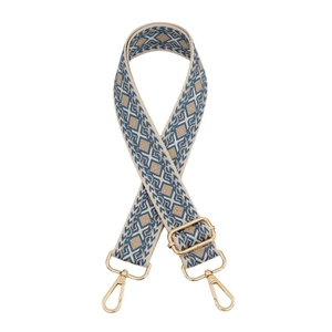 Ethnic style woven shoulder strap with blue geometric patterns and gold metal buckles