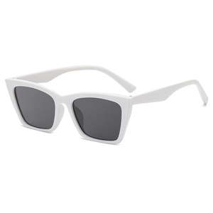 Fashionable white cat-eye sunglasses with dark lenses shown from a 45-degree angle