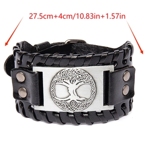 Black leather Viking bracelet with a metal tree of life plaque and braided detail
