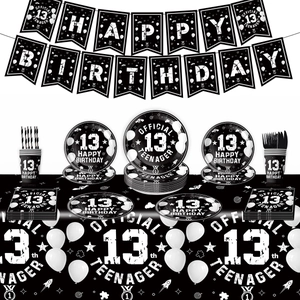 Official 13th birthday party supplies set with black and white banners, plates and balloons