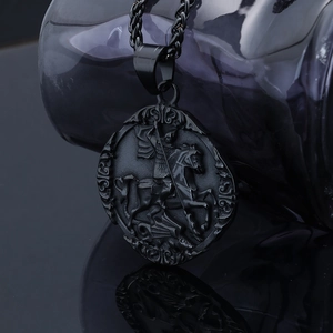 Retro black Saint George and dragon relief pendant necklace in matte stainless steel finish