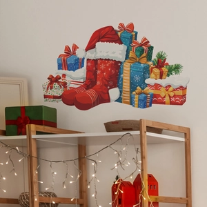 Christmas wall stickers with red stockings and gift boxes for festive home decoration