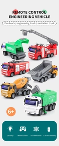 Detailed set of remote control construction vehicles including fire truck and mixer
