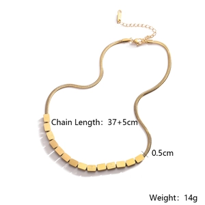 Detailed view of gold snake chain necklace with engraved sliding blocks and dimensions