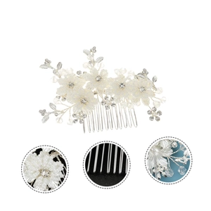 Elegant bridal hair comb with silver metal flowers, rhinestones, and pearls on white background