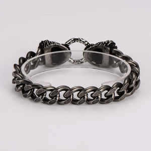Bracelet punk à double tête de lion en argent vieilli avec grosse chaîne gourmette