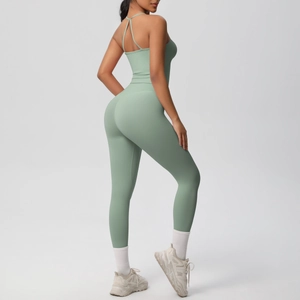 Close-up of seamless racerback design and high-waisted shaping leggings in sage green