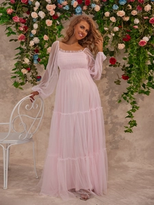 Pink tiered tulle maternity gown with square neck and sheer long sleeves for elegant style