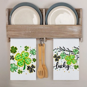 Saint Patrick's Day microfiber kitchen towel set featuring green clovers and lucky script