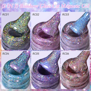 Detailed macro view of 2-in-1 rainbow glass cat magnetic gel in six vibrant colors
