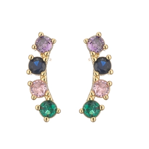 Gold-plated stud earrings featuring vibrant purple, blue, pink and green gemstones