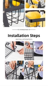 Detail of rounded metal corners and 4-step assembly guide for tiered fruit basket