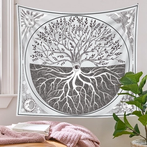 Detail of tree of life tapestry showing black and white bohemian mystic wall art patterns