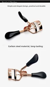 Macro shot of rose gold carbon steel eyelash curler with ergonomic black handles