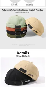 Detailed view of winter beanie hats with side embroidery and metal ring buckles