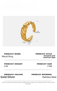 Macro view of croissant dome design on adjustable gold stainless steel ring band