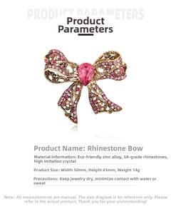 Detail view of pink rhinestone bow brooch with 50x45mm dimensions and alloy base