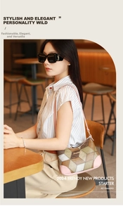 Detail of 3D geometric patchwork shoulder bag in brown, beige and green leather