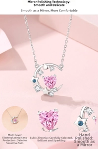 Close-up of S925 silver crescent moon necklace with pink heart cubic zirconia stone
