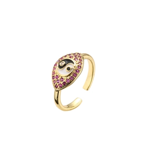 Anello Tai Chi ovale regolabile in oro con zirconia rosa e smalto yin yang lucido