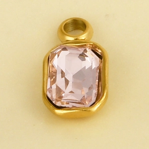 Macro shot of a pink rectangular crystal pendant with a gold stainless steel frame