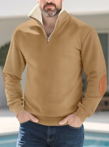 Detail of half-zip sweater with sherpa collar lining and elbow patches for men