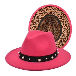 Fuchsia wool fedora hat with elegant pearl band and leopard print lining contrast