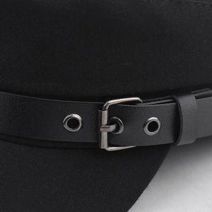 Classic black cotton army cadet cap with leather strap and silver metal buckle detail