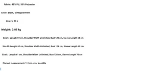 Detailed size chart showing S to L measurements for the long sleeve PU jacket