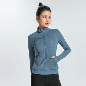 Slim fit women's yoga jacket in mist blue with full zipper and breathable quick-dry fabric