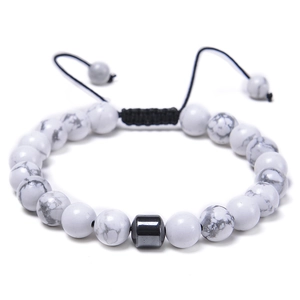 8mm natural map stone beaded bracelet with hematite charm and adjustable braided cord