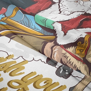 Detailed close-up of soft Christmas tapestry fabric featuring Santa and reindeer print