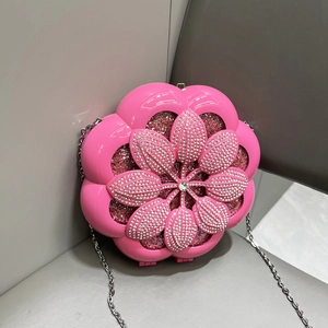 Elegant 3D flower evening clutch bag in bright pink with rhinestones and metal chain