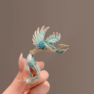 Elegante spilla a forma di fenice oro e blu con strass scintillanti per abiti da donna
