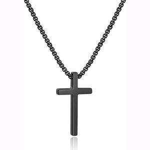 Detailed view of a sleek black titanium steel cross pendant with matching box chain