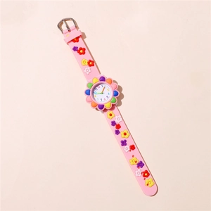 Pink silicone quartz watch for girls with colorful 3D sun flower dial and embossed strap