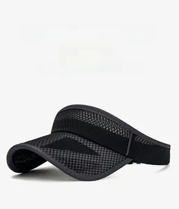 Detail of black mesh sun visor hat with breathable material and wide brim design
